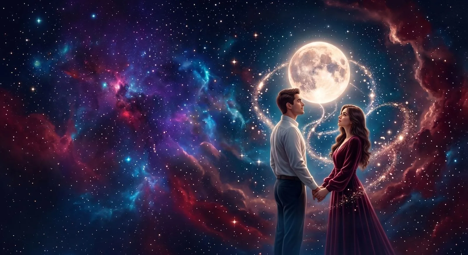 Casal de mãos dadas sob a lua cheia, envolvido por uma nebulosa de estrelas